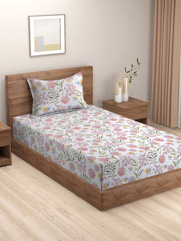 HOSTA HOMES White & Green Floral 210 TC Flat Cotton Single Bedsheet & 1 Pillow Cover