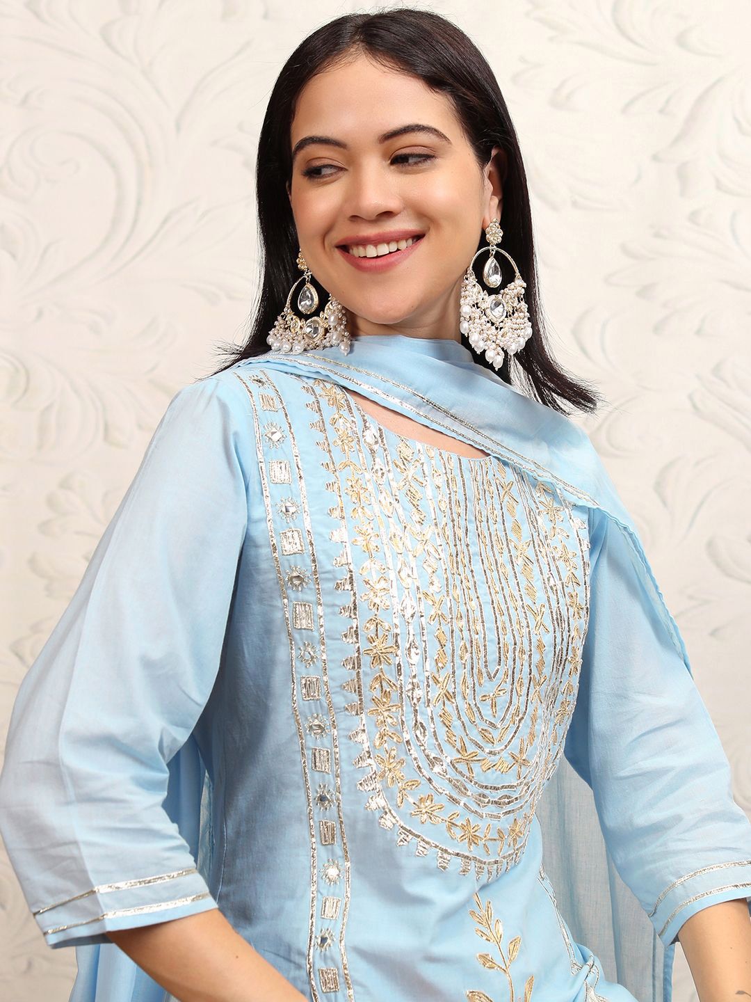 Vishudh Blue Embroidered Gotta Patti Pure Cotton Straight Kurta With Trousers & Dupatta