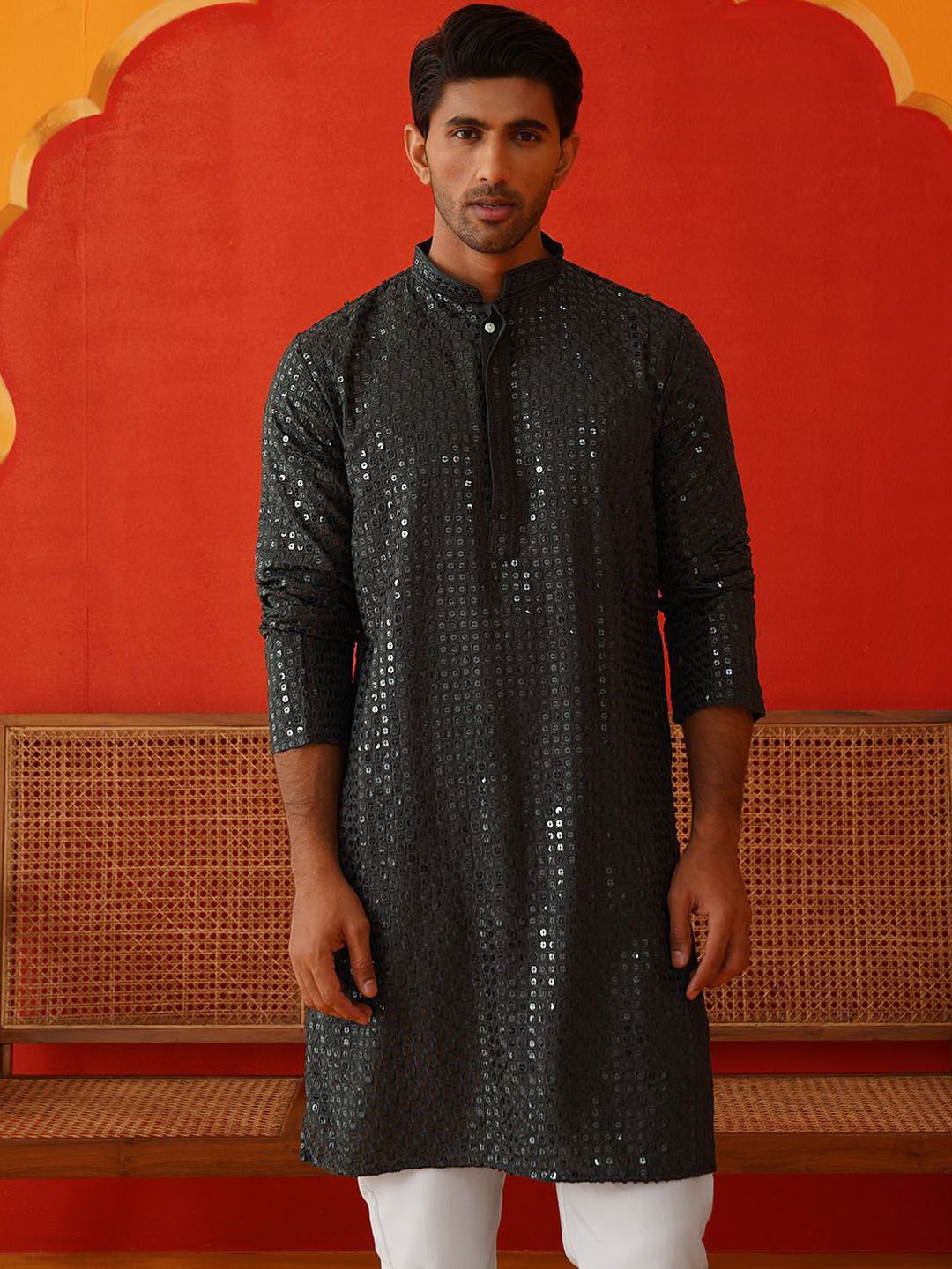 Jompers Men Embroidered Regular Sequinned Kurta with Pyjamas