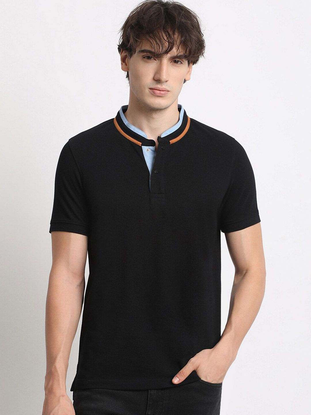 THE BEAR HOUSE Mandarin Collar Cotton Slim Fit T-shirt