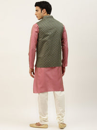 SOJANYA Kurta Motif Etnik Merah Jambu & Emas Lelaki dengan Jaket Churidar & Nehru