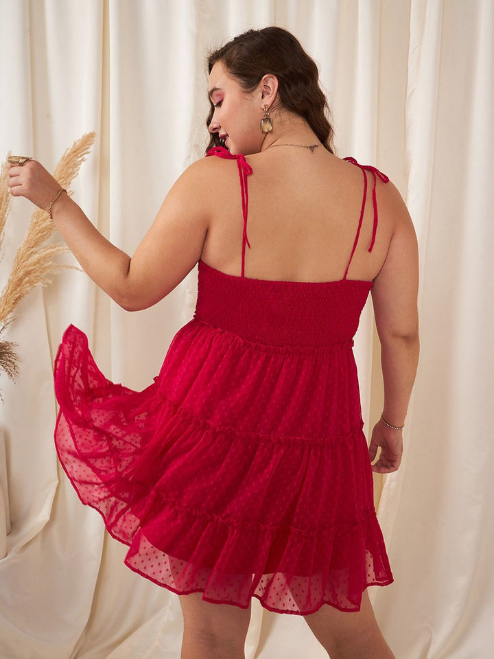 Berrylush Curve Plus Size Pink Self Design Shoulder Sraps Tiered Smocked Fit & Flare Dress