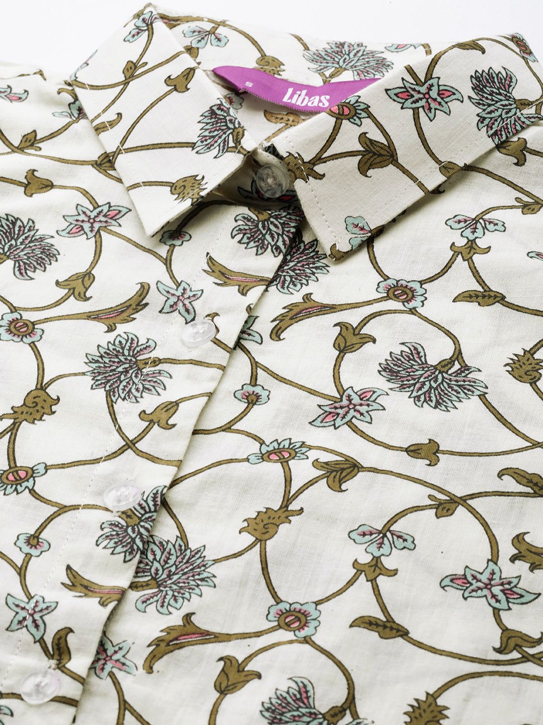 Libas White Cotton Printed Shirt And White Cotton Printed Pyjamas With Both Side Pocket