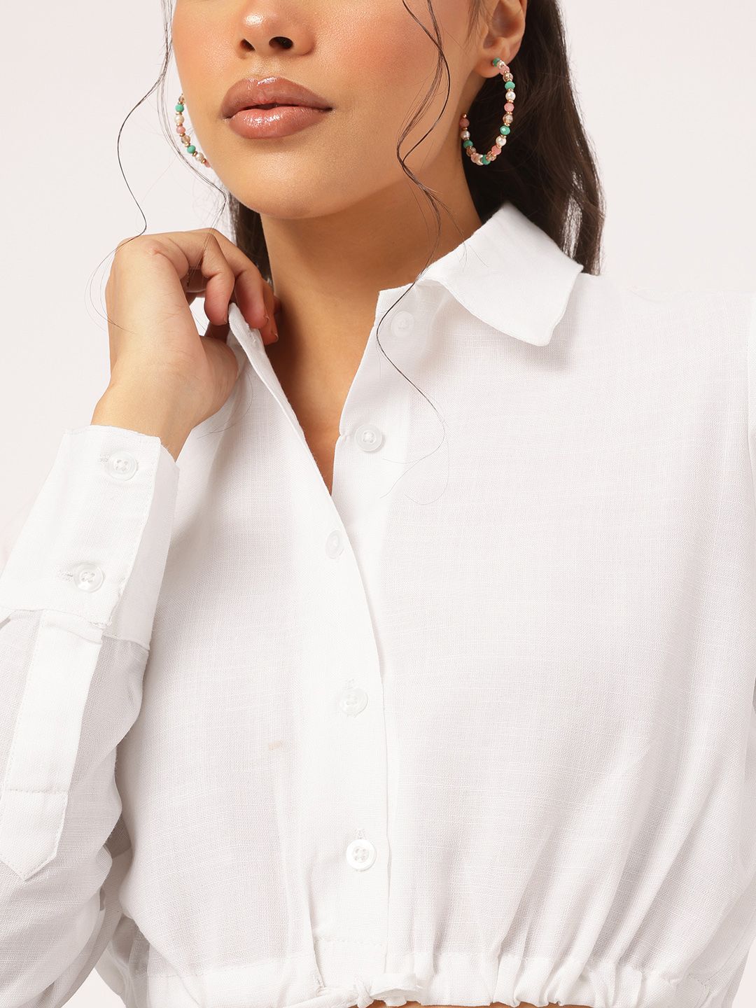 DressBerry Timeless Ties Cinched Waist Crop Shirt Style Top