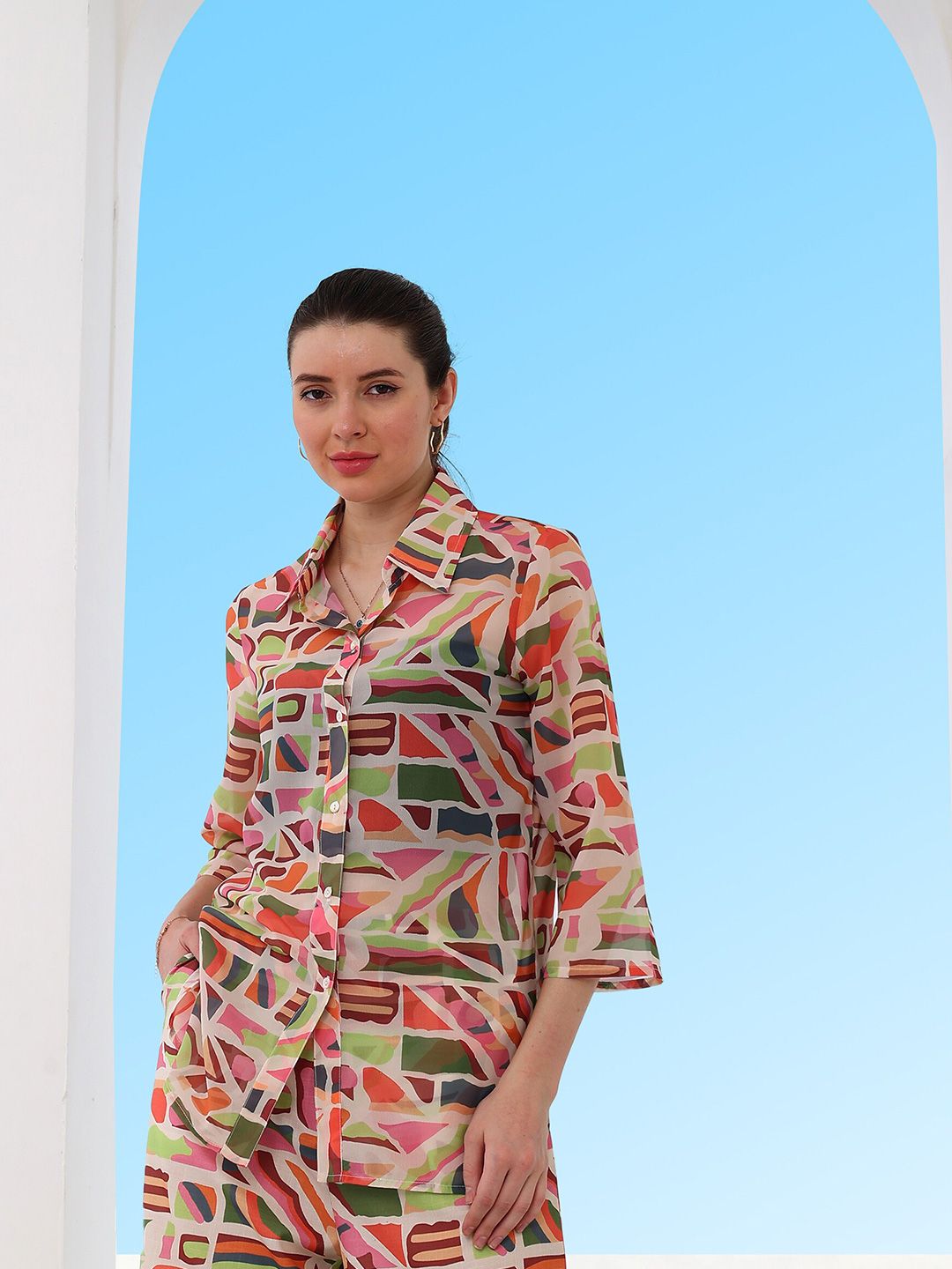 Athena Abstract Printed Georgette Shirt Style Top