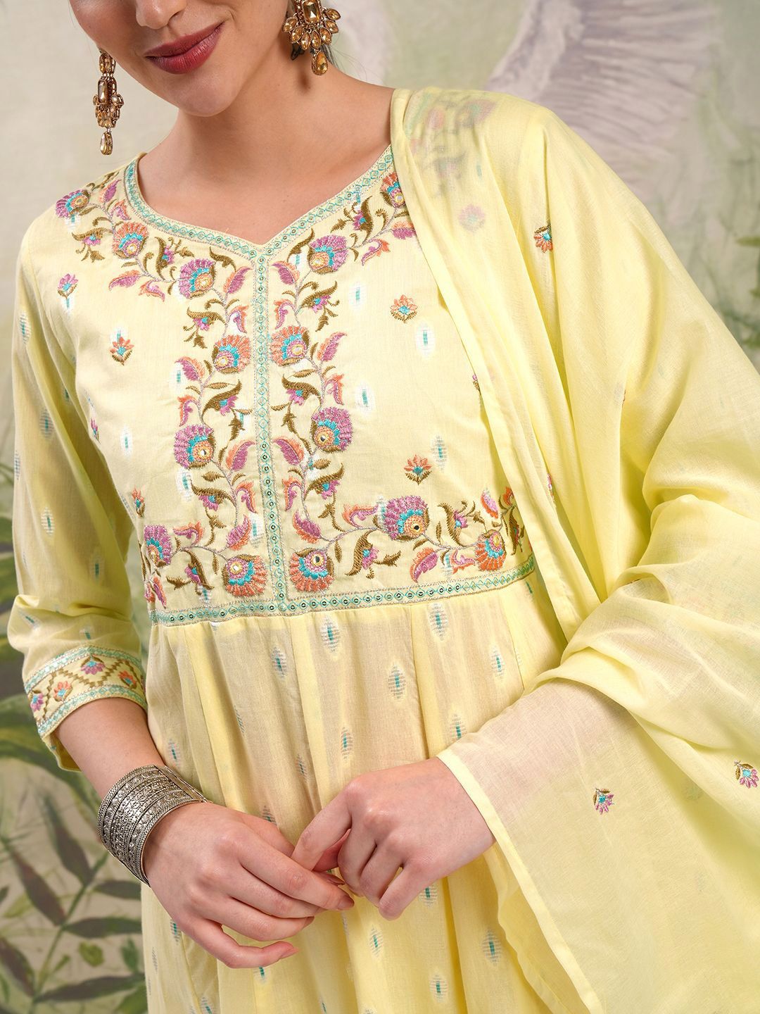 Vishudh Yellow Embroidered Mirror Work Pure Cotton Anarkali Kurta With Trousers & Dupatta