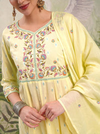 Vishudh Yellow Embroidered Mirror Work Pure Cotton Anarkali Kurta With Trousers & Dupatta