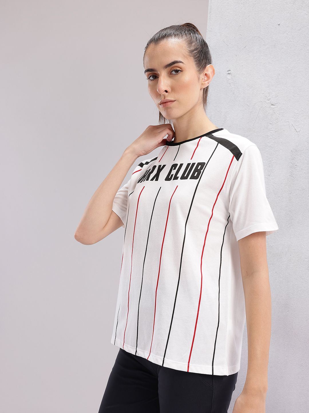HRX by Hrithik Roshan Women Brand Logo Printed Striped T-shirt