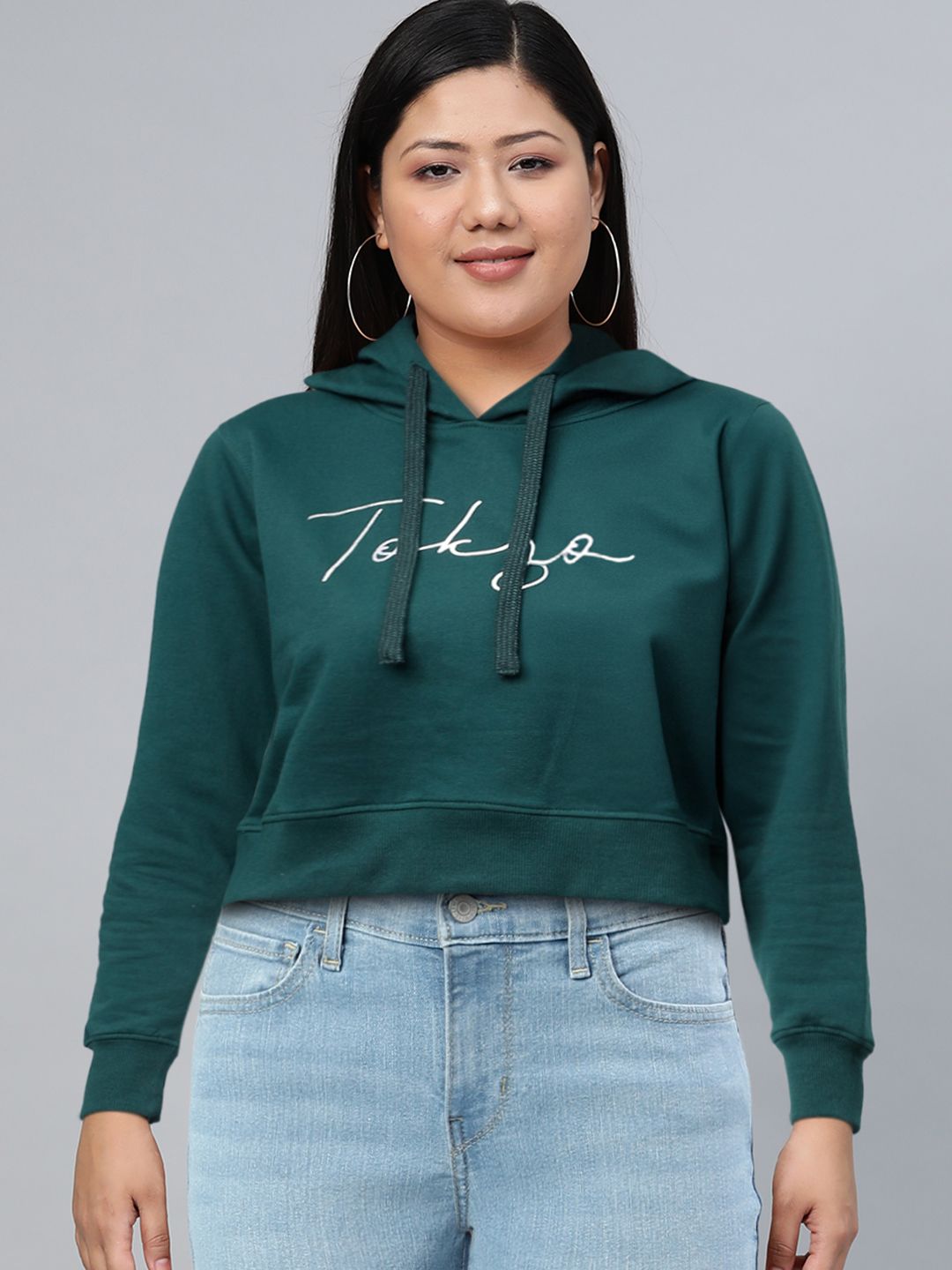 Tokyo Talkies Women Green Printed Hooded Sweatshirt
