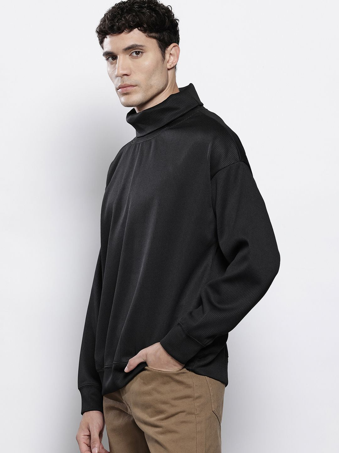 The Indian Garage Co Self Design Turtle Neck Drop-Shoulder Sleeves Sweatshirt