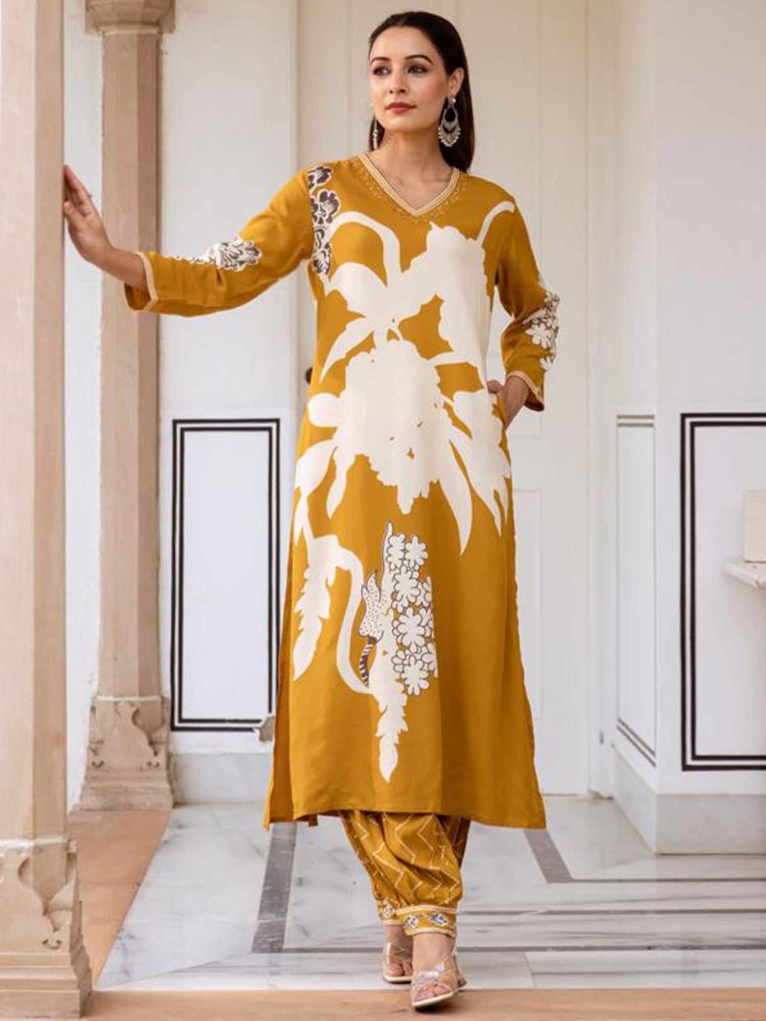 Indo Era Floral Printed V-Neck A-Line Kurta With Salwar