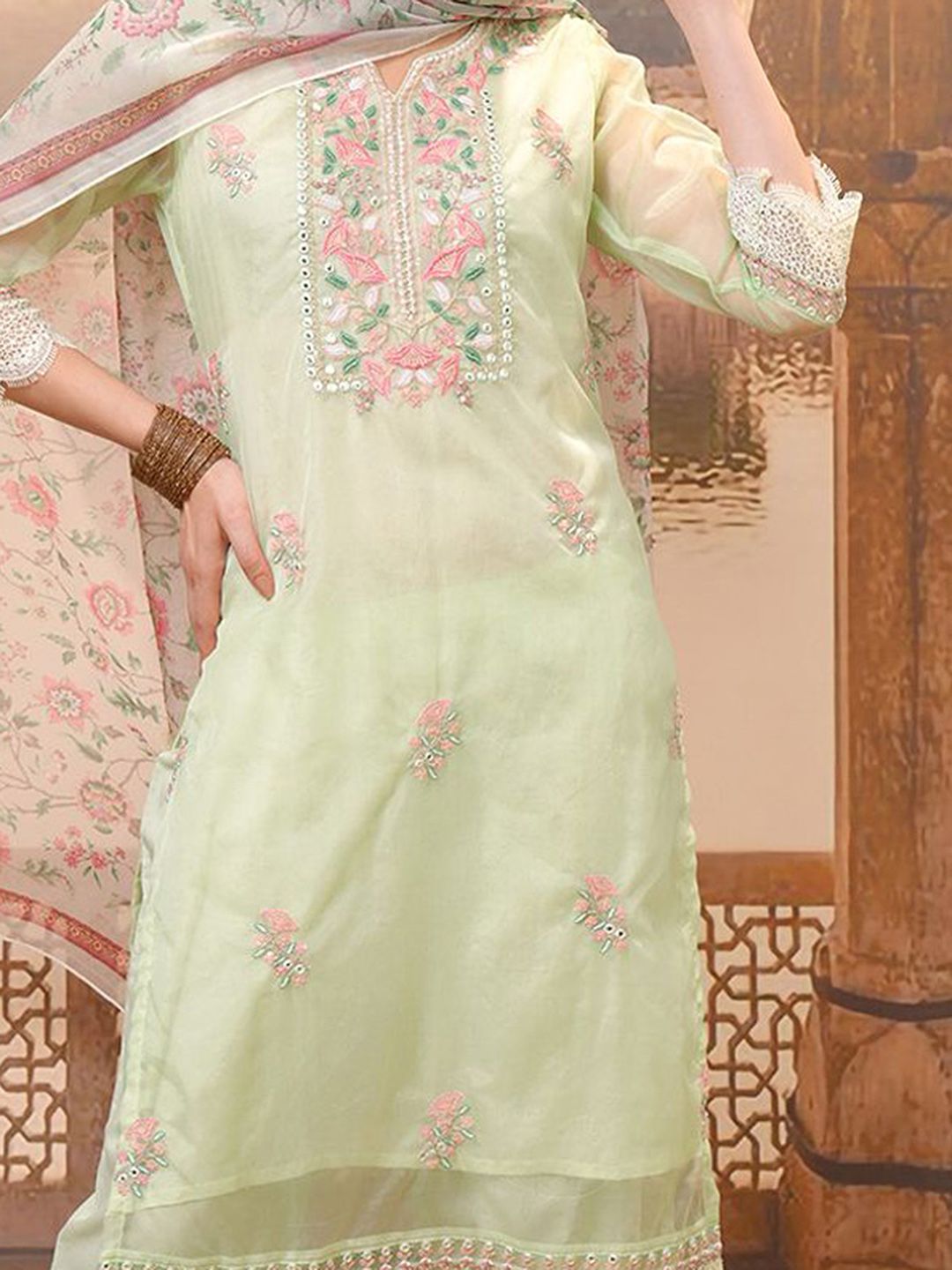 Vishudh Green Embroidered Mirror Work Pure Cotton Straight Kurta With Trousers & Dupatta