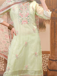 Vishudh Green Embroidered Mirror Work Pure Cotton Straight Kurta With Trousers & Dupatta