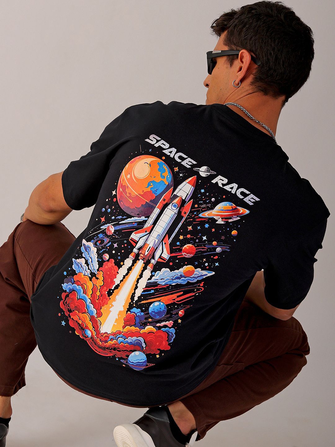 The Indian Garage Co Men Back Printed Boxy Oversized Round Neck T-shirt