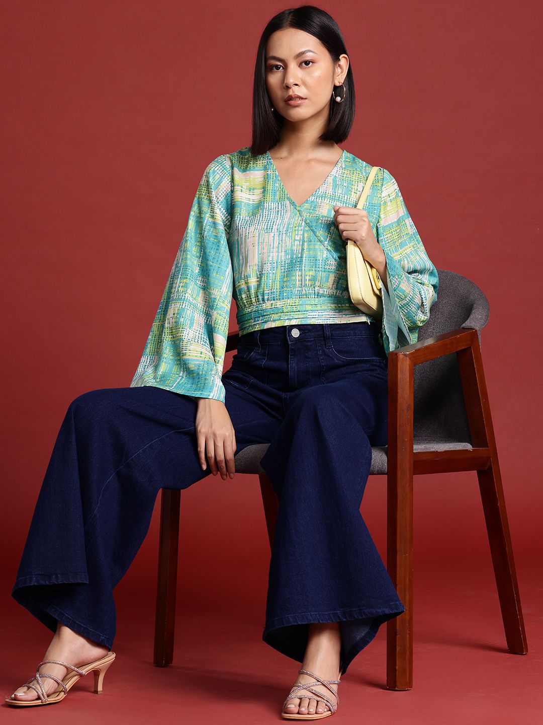 all about you Geometric Print Flared Sleeve Wrap Crop Top