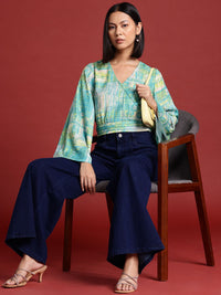 all about you Geometric Print Flared Sleeve Wrap Crop Top