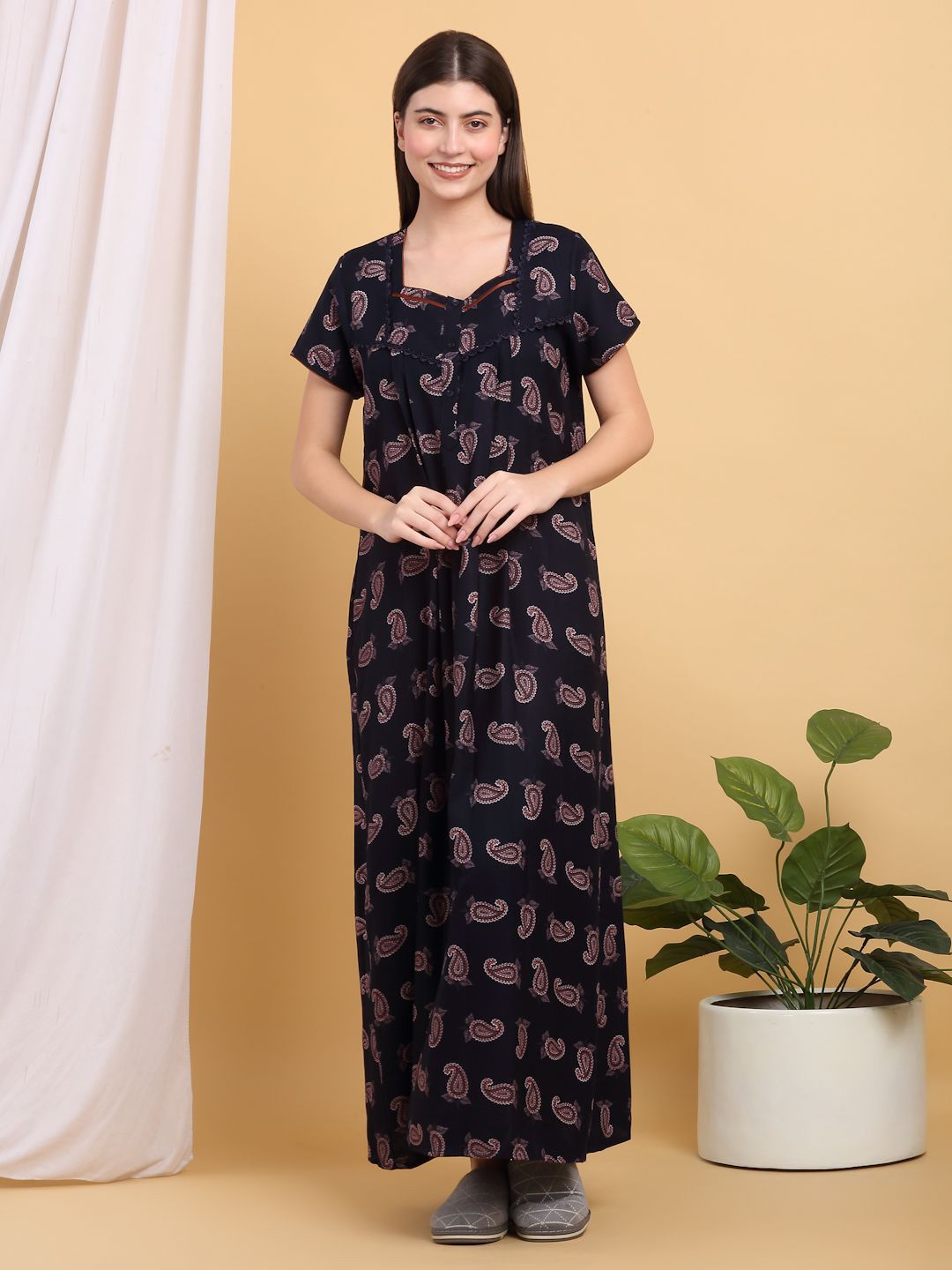 Sweet Dreams Ethnic Motifs Print Square Neck Maxi Nightdress
