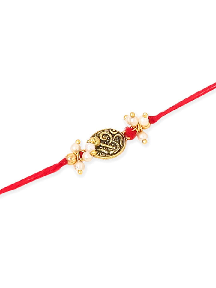 NVR Unisex Set of 2 Pearls Swastik Desgin Thread Rakhi with Roli Chawal Chandan Mishri