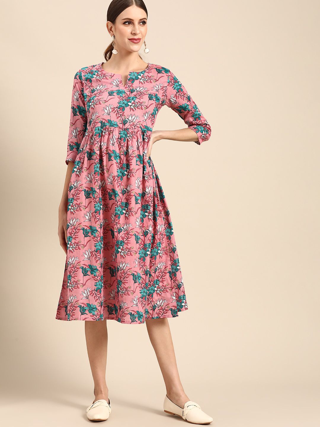 Anouk Women Pink & Blue Ethnic Motifs Print Pure Cotton A-Line Midi Dress