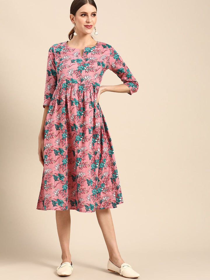Anouk Women Pink & Blue Ethnic Motifs Print Pure Cotton A-Line Midi Dress