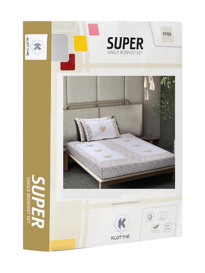 KLOTTHE Cotton 400 TC Fitted Single Superfine Bedsheet with 2 Pillow Covers-89 x 59 inches
