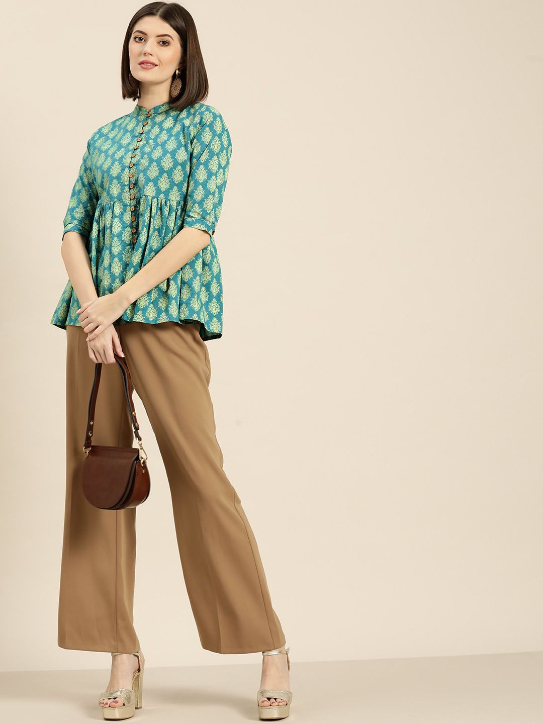 Shae by SASSAFRAS Women Teal Blue &amp; Off-White Printed A-Line Pure Cotton Top