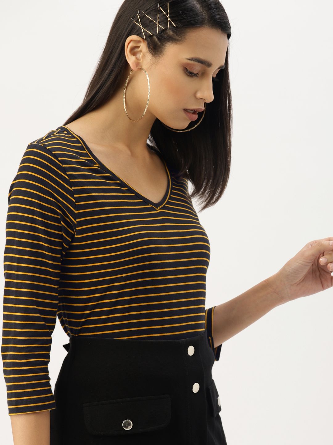 DressBerry Black & Mustard Yellow Striped Pure Cotton Top