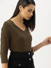 DressBerry Black & Mustard Yellow Striped Pure Cotton Top