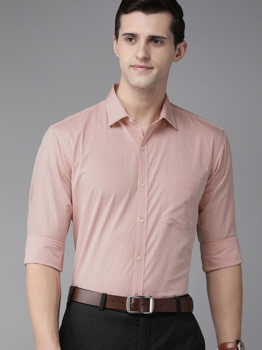 Park Avenue Men Dusty Pink Slim Fit Checked Pure Cotton Formal Shirt