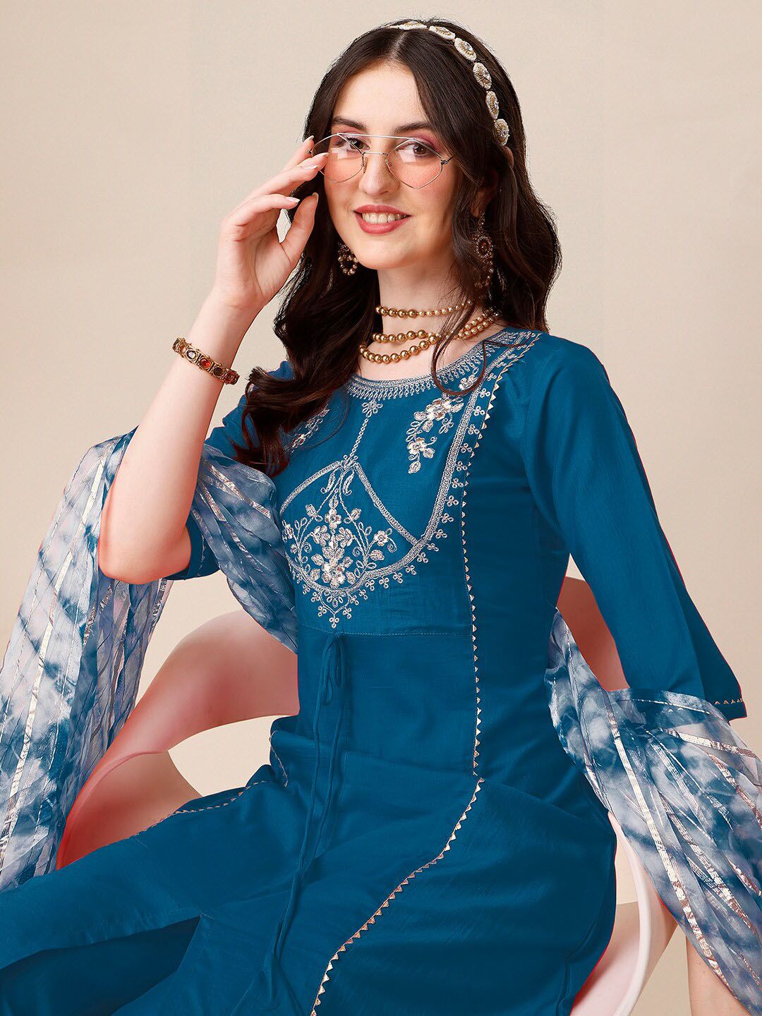 KALINI Ethnic Motifs Yoke Design Thread Work Detail A-Line Kurta & Trouser With Dupatta