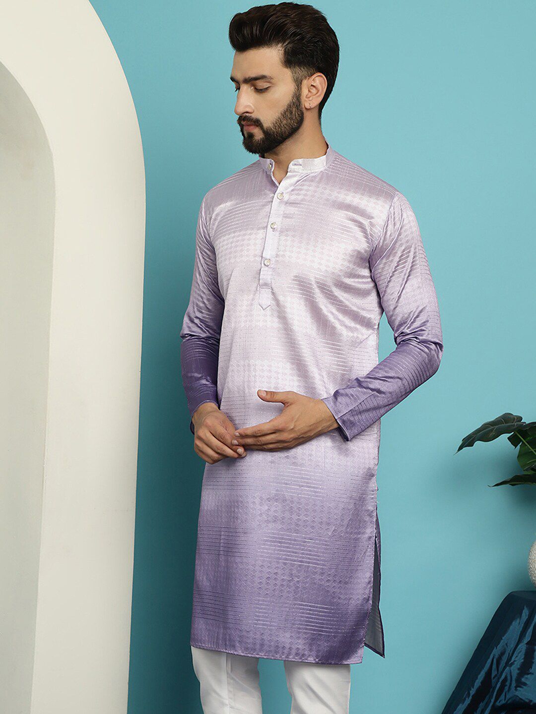 SOJANYA Mandarin Collar Jacquard Silk Straight Kurta