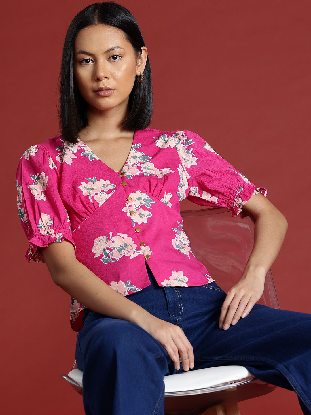 all about you Floral Printed Top with Puff Sleeves
