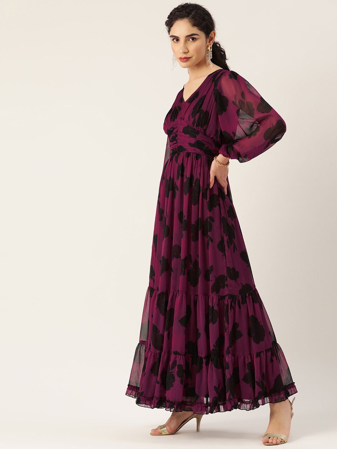 Antheaa Purple & Black Printed Tiered Maxi Dress
