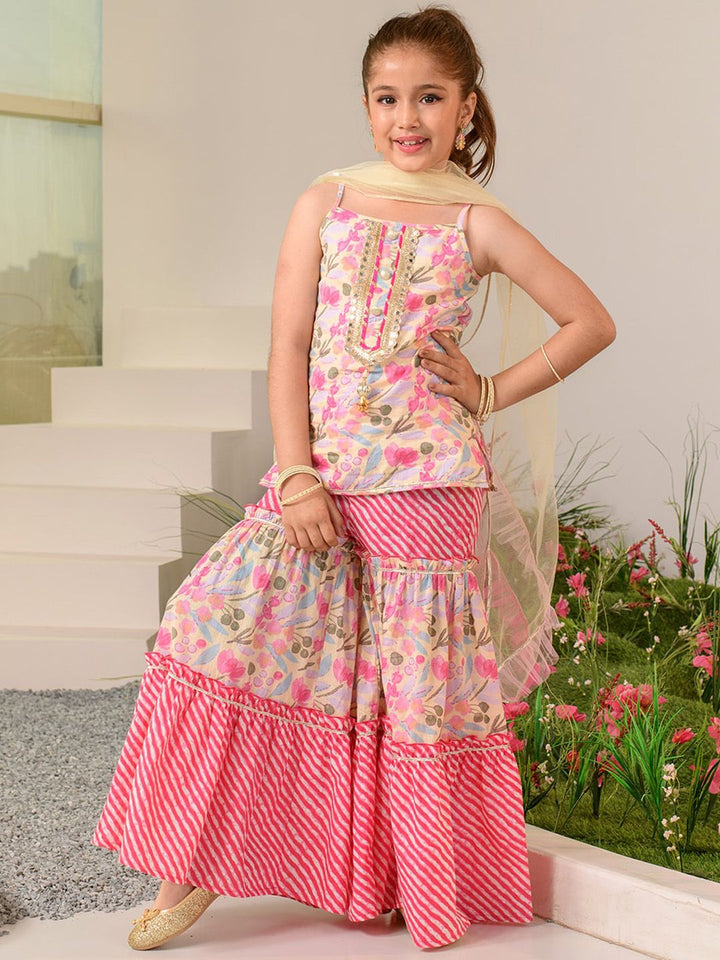 pspeaches Girls Floral Printed Regular Pure Cotton Kurta with Sharara & Dupatta