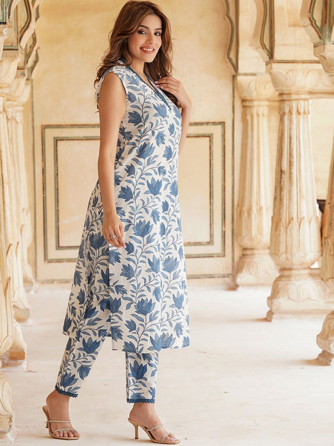 KALINI Floral Printed Straight Pure Cotton Kurta With Trousers