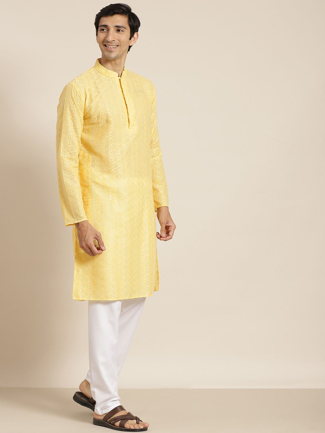 SOJANYA Men Yellow Chikankari Pure Cotton Kurta with Churidar & Nehru Jacket