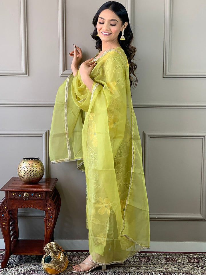 KALINI Floral Embroidered V-Neck Thread Work Straight  Kurta with Trousers & Dupatta
