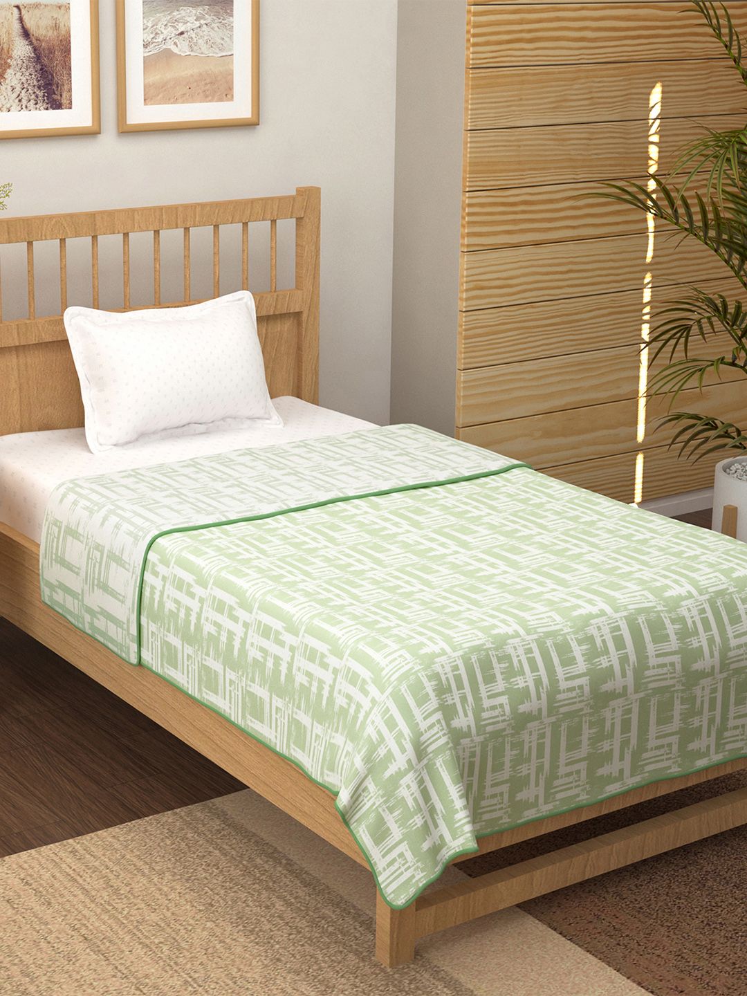 Story@home White & Green Striped AC Room 150 GSM Reversible Cotton Single Bed Dohar