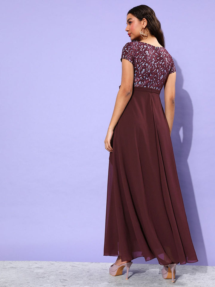 Miss Chase Maroon Georgette Maxi Dress