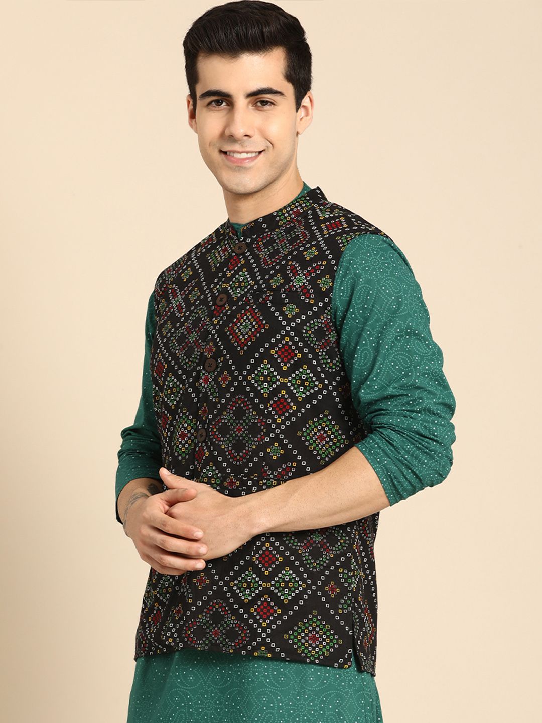 Anouk Men Black & White Bandhani Printed Pure Cotton Nehru Jacket