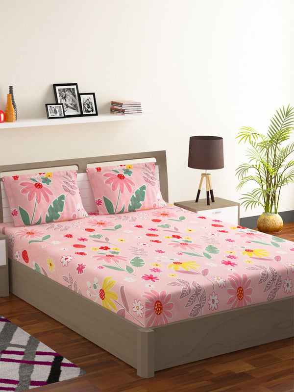 BOMBAY DYEING Vista Red & Green Floral Microfiber 144 TC Queen Bedsheet & 2 Pillow Covers
