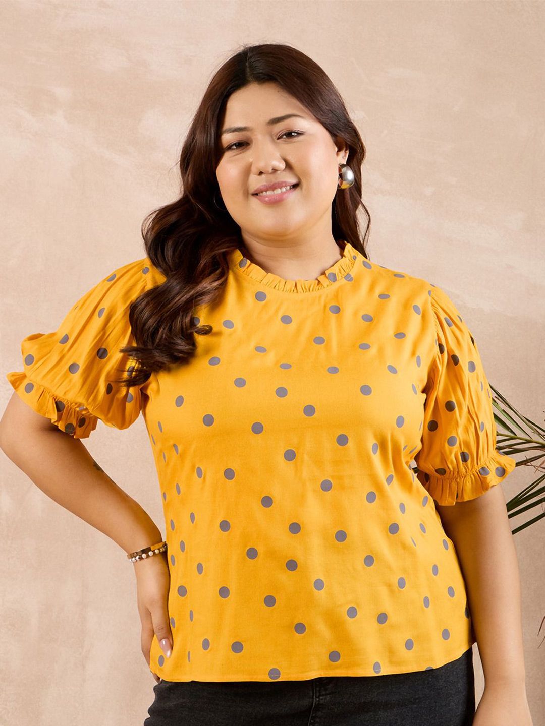 Berrylush Curve Polka Dots Printed Cotton Plus Size Top