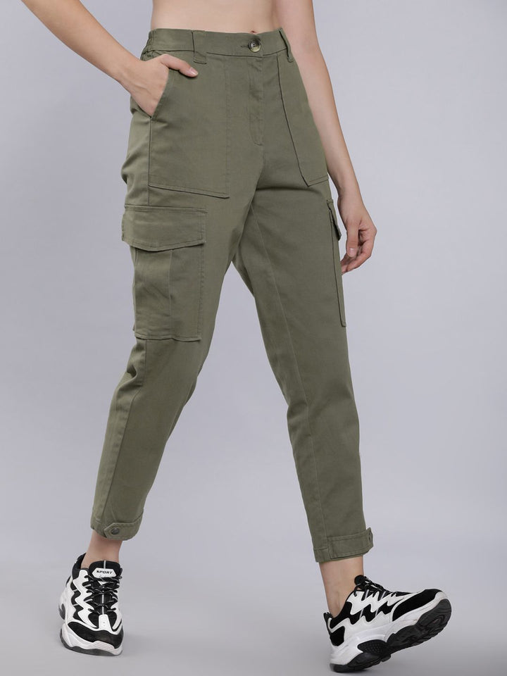 Tokyo Talkies Women Olive Green Slim Fit Solid Cargos