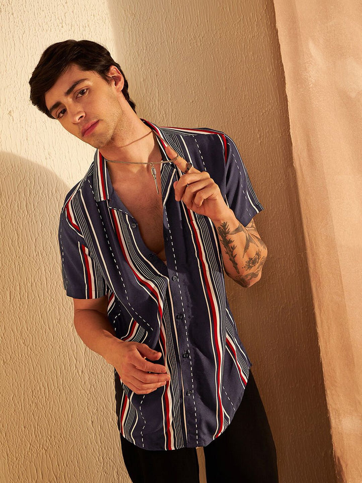 DENNISON Smart Vertical Stripeed Cuban Collar Oversized Casual Shirt