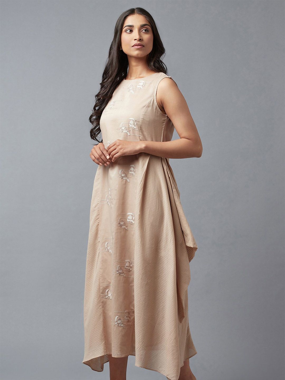 W Beige Ethnic Motifs A-Line Midi Dress