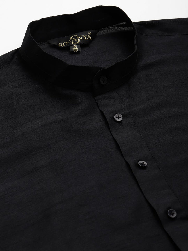 SOJANYA Set Kurta Solid Hitam Lelaki Dengan Jaket Bercetak