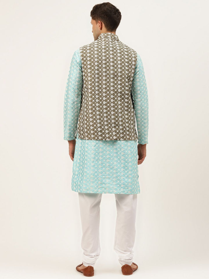 SOJANYA Lelaki Motif Etnik Biru Sulam Benang Kerja Kurta dengan Churidar
