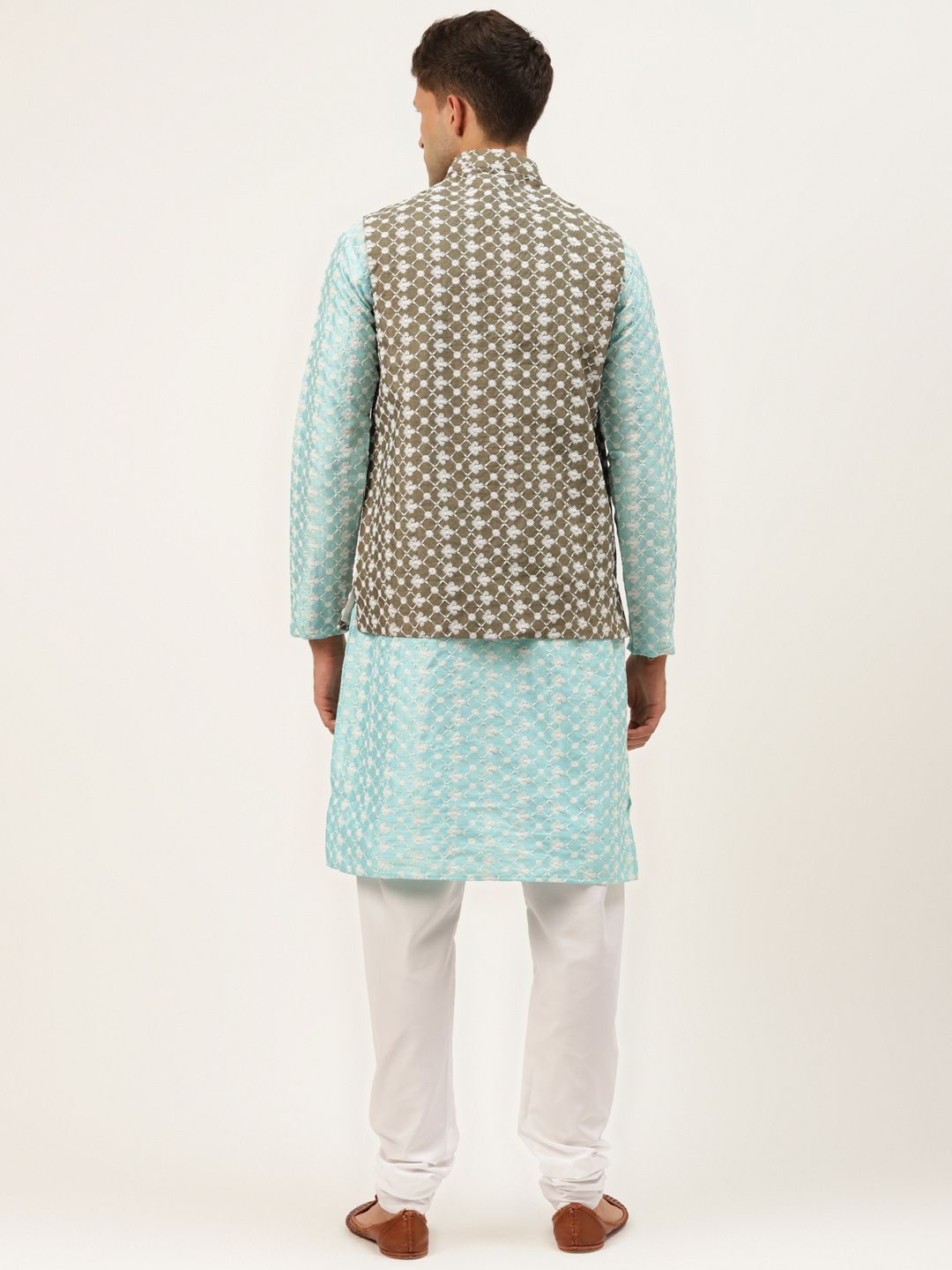SOJANYA Lelaki Motif Etnik Biru Sulam Benang Kerja Kurta dengan Churidar