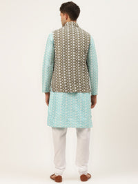 SOJANYA Men Blue Ethnic Motifs Embroidered Thread Work Kurta with Churidar