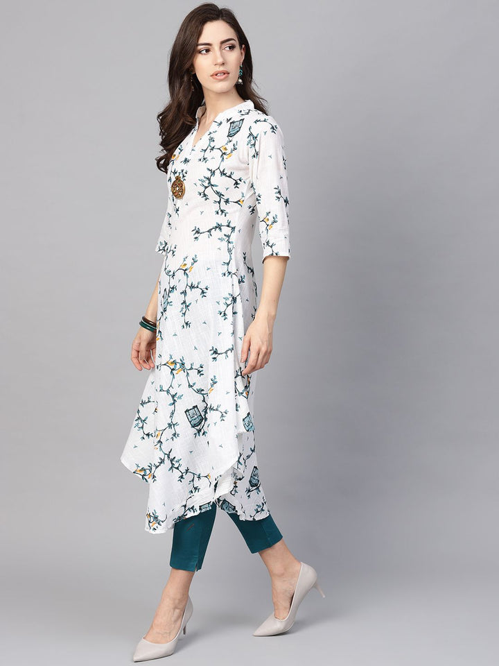 SOJANYA Women White & Teal Green Printed A-Line Kurta